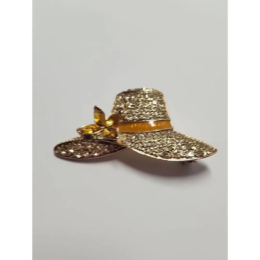 Vintage Monet Hat Brooch Pave Palest Yellow Amber Rhinestone Bow Enamel Trim Pin